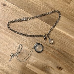 Two Origami Owl chains, large pendant locket, and 5 charms of choice